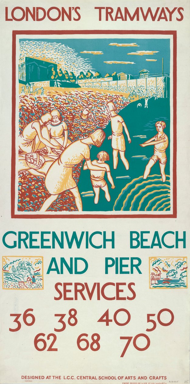 Greenwich Beach en Pier, London County Council LCC Tramways poster door Morris Kestelman