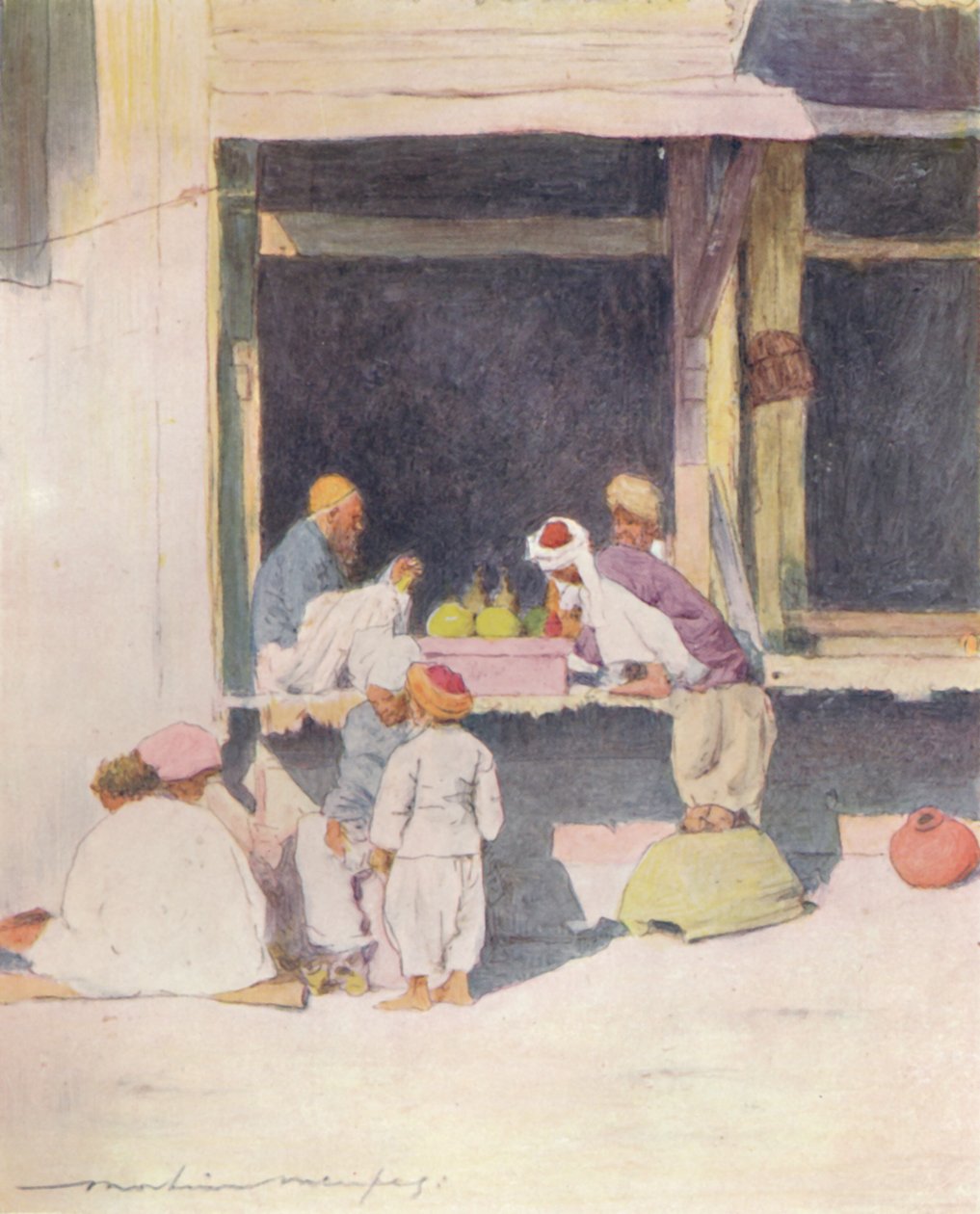 Een Bazaar in Peshawur, 1905 door Mortimer Ludington Menpes