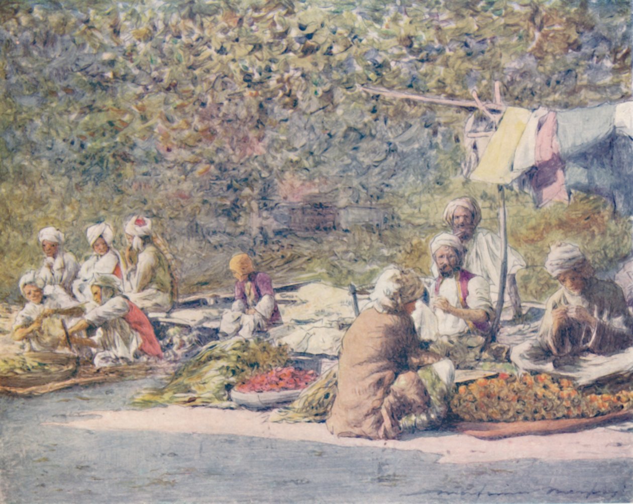 Een groentemarkt, Peshawur, 1905 door Mortimer Ludington Menpes