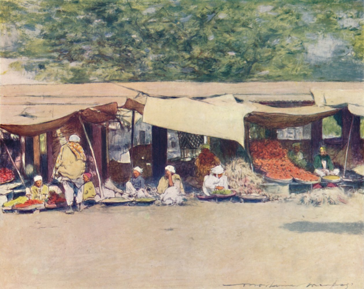 Marktdag in Peshawur, 1905 door Mortimer Ludington Menpes