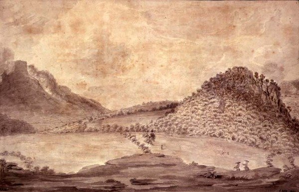 Panoramisch uitzicht op Derwentwater en de Vale of Keswick, detail van het landschap inclusief Castle Head, ca. 1772 door Moses Griffith