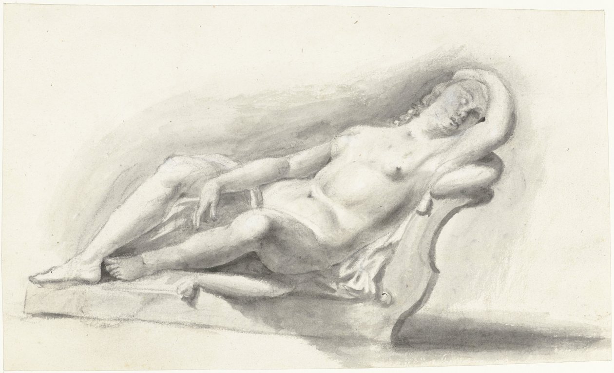Beeld van naakte vrouw, liggend op een bankkussen door Moses Ter Borch