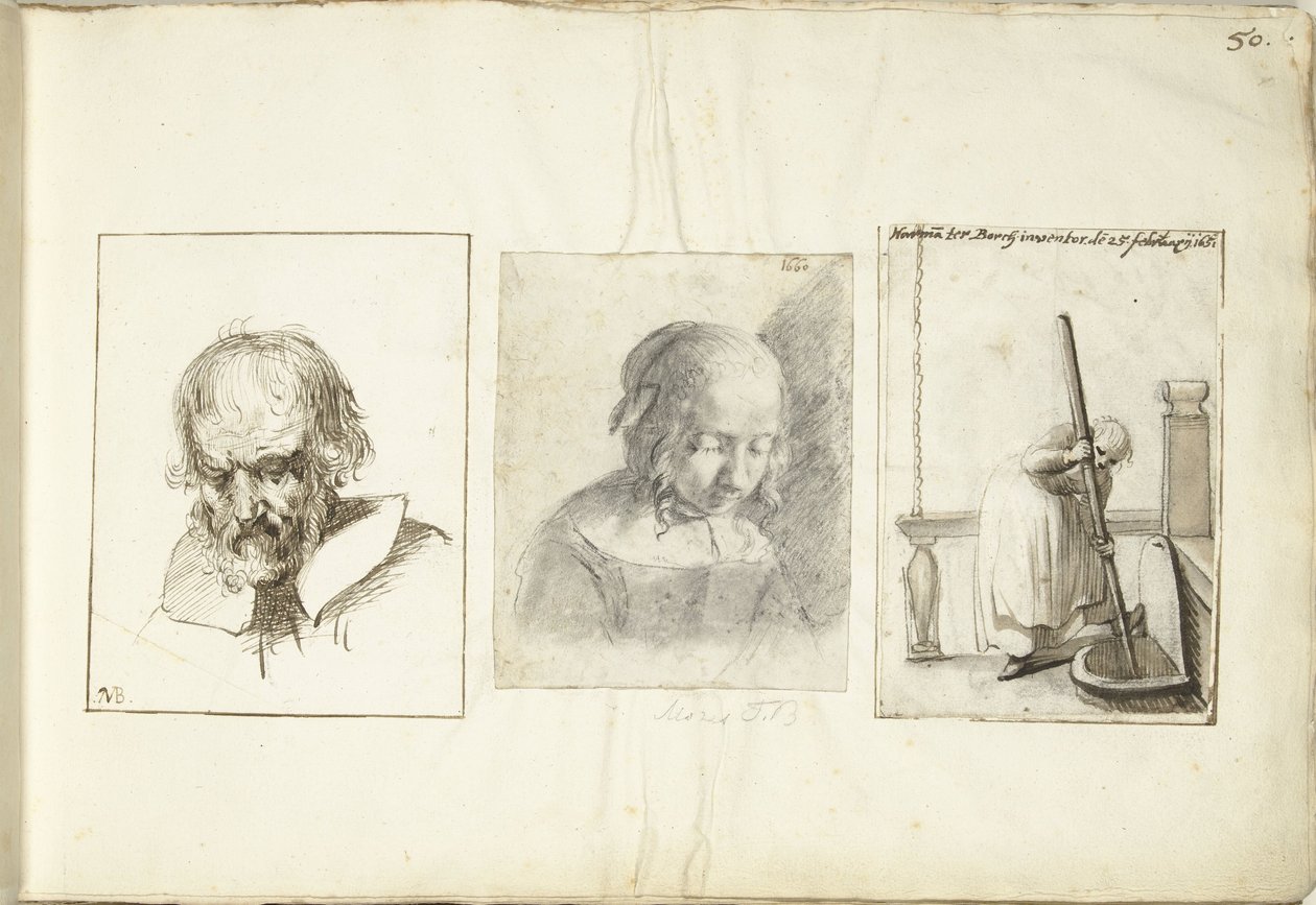 Oude man, een meisje en een vrouw met een puthaak door Moses Ter Borch