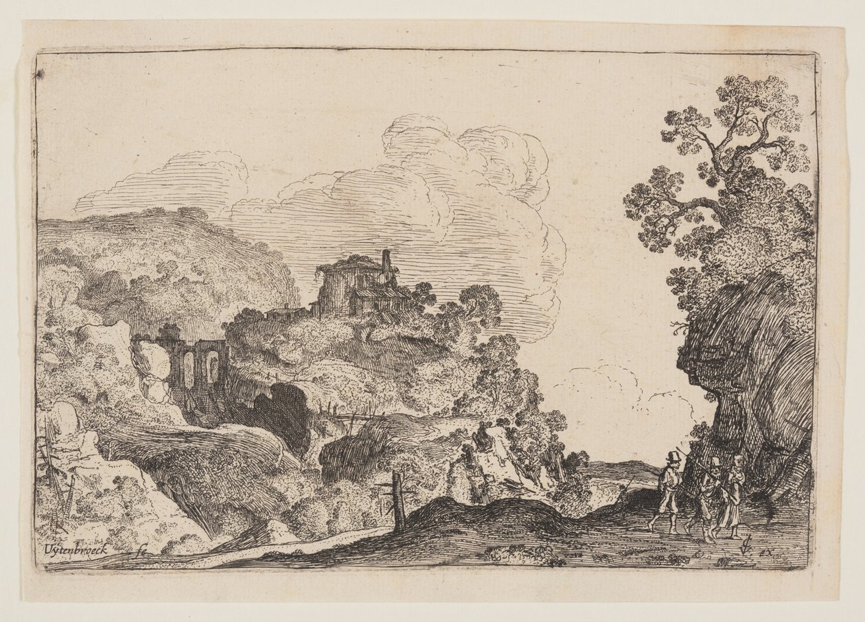 Rotsachtig landschap met drie reizigers door Moses van Uyttenbroeck