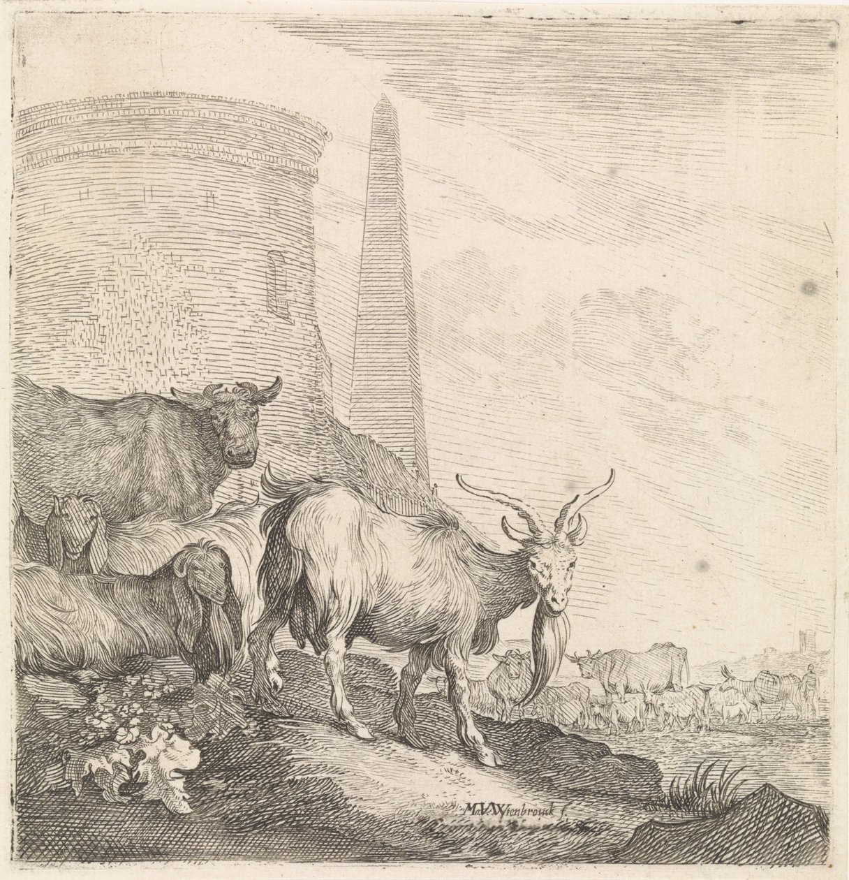 Geiten en koeien bij een ronde toren met een obelisk door Moyses van Wtenbrouck