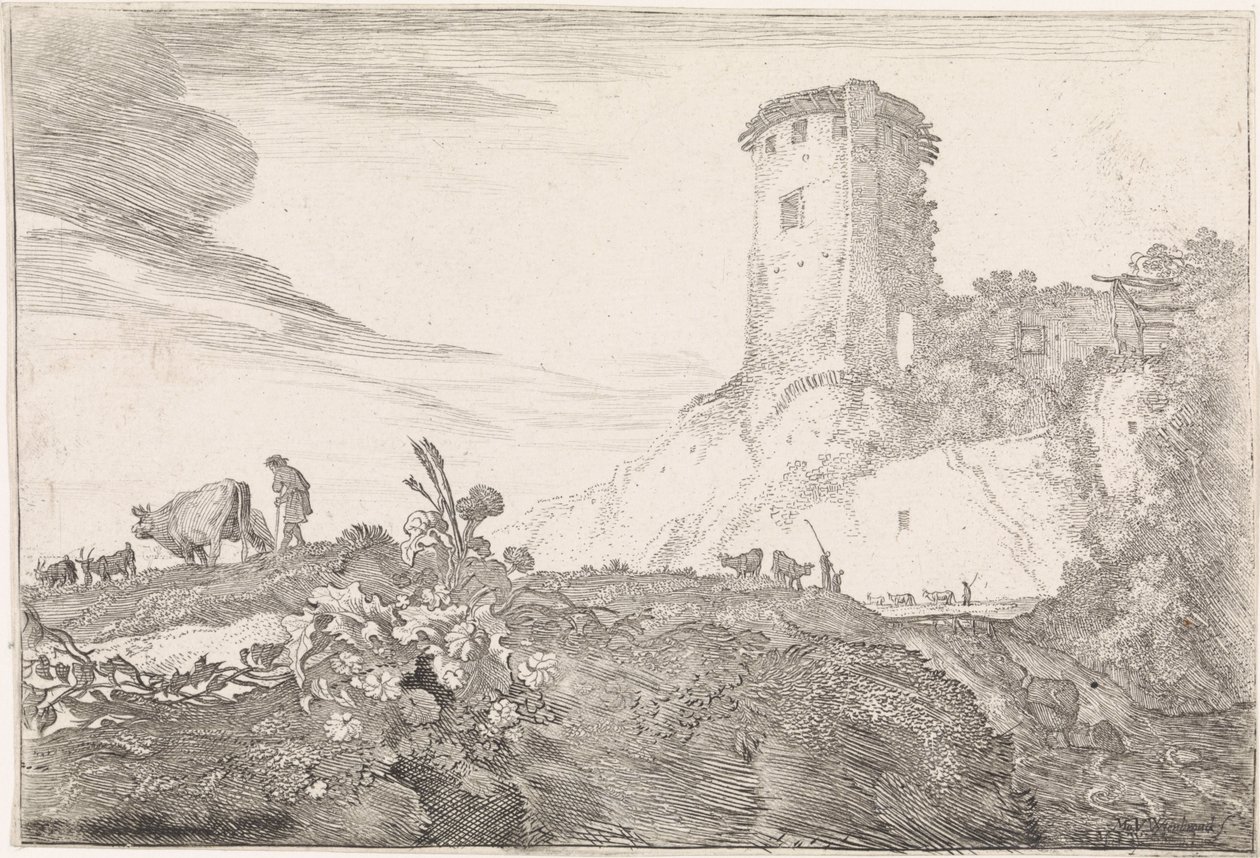 Landschap met ronde toren door Moyses van Wtenbrouck