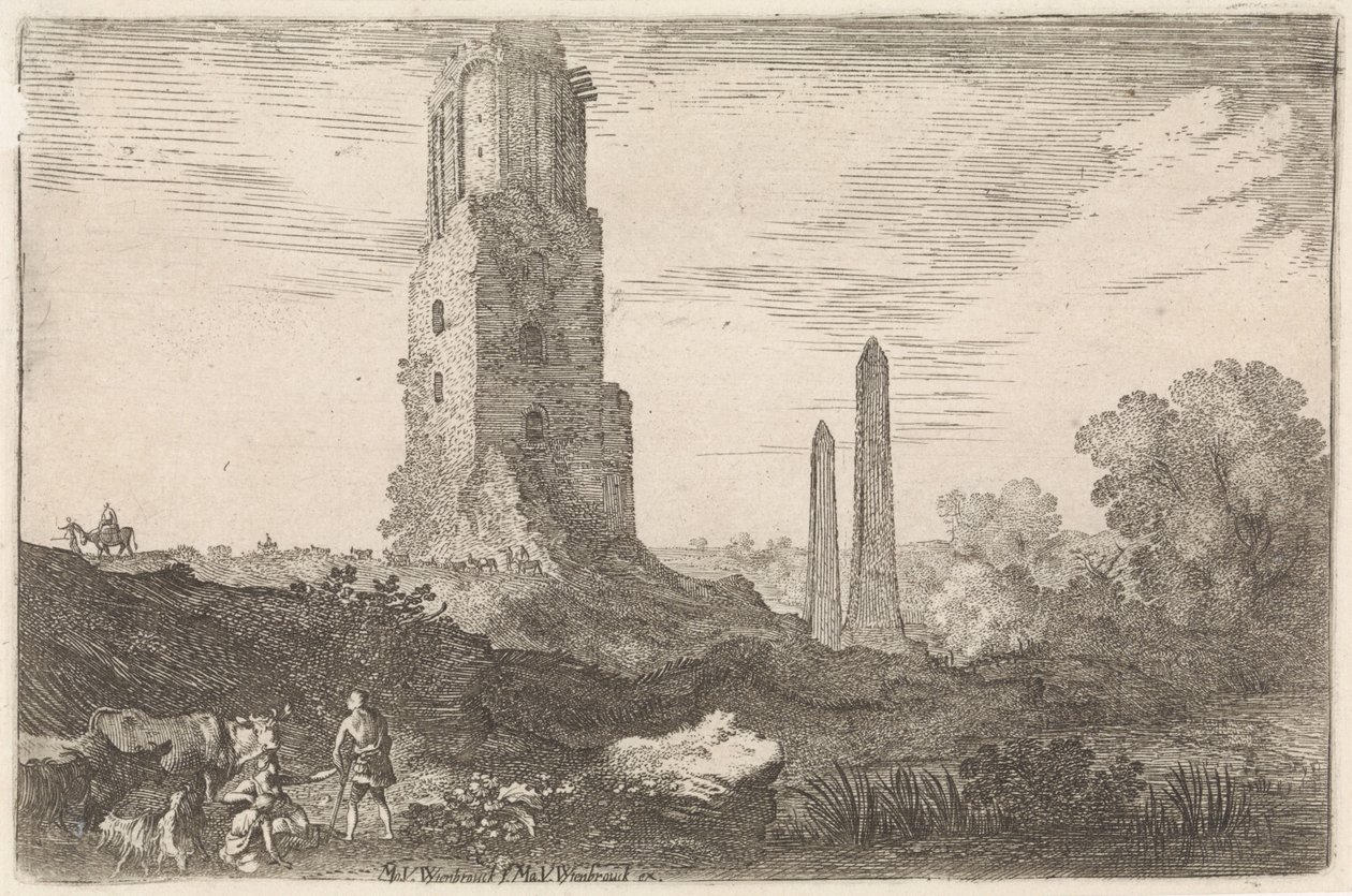 Landschap met twee obelisken en de 