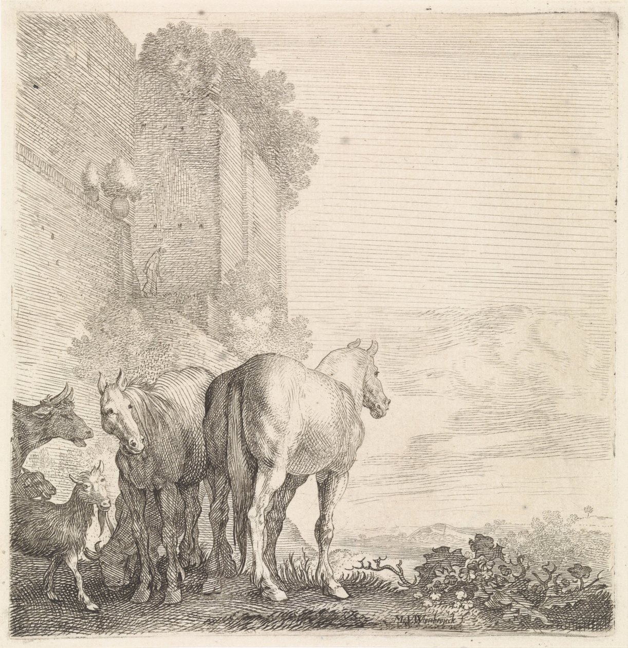 Twee paarden met geiten en een koe bij een hoge (stads)muur door Moyses van Wtenbrouck