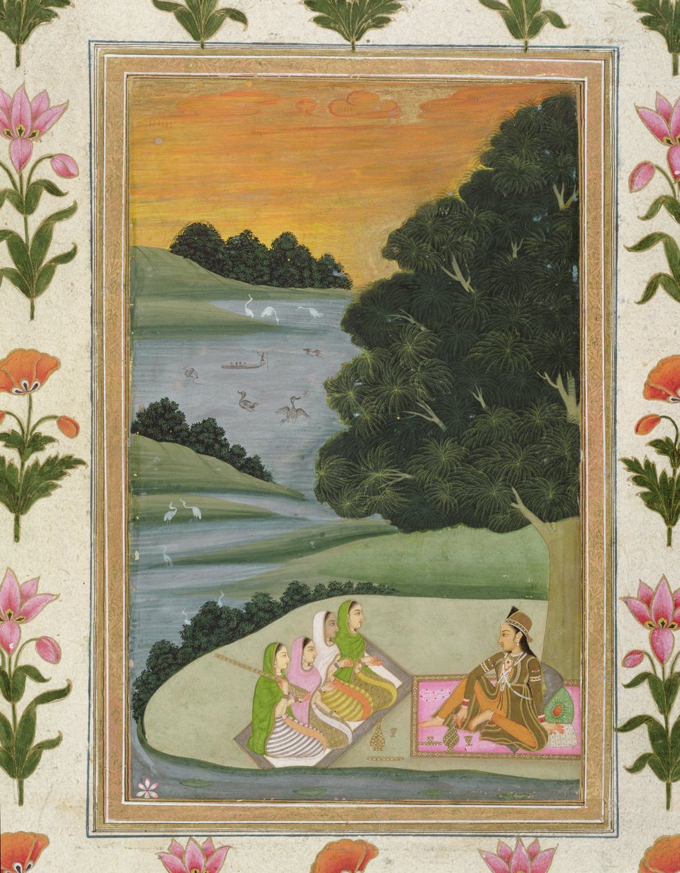 Een prinses luistert naar vrouwelijke muzikanten bij een rivier bij zonsondergang, uit het Kleine Clive Album door Mughal School