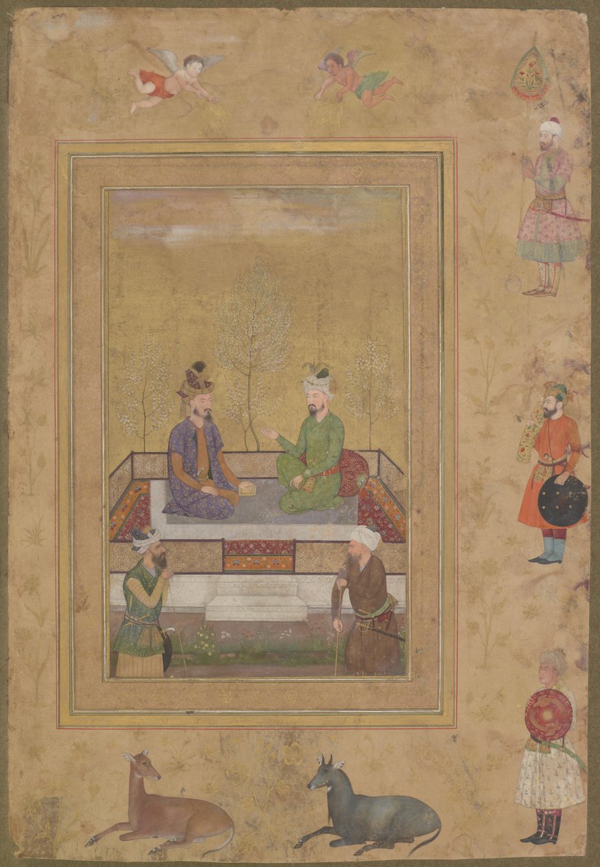 Babur en Humayun met hovelingen, uit het late Shah Jahan Album, los manuscript folio, ca. 1640 door Mughal School
