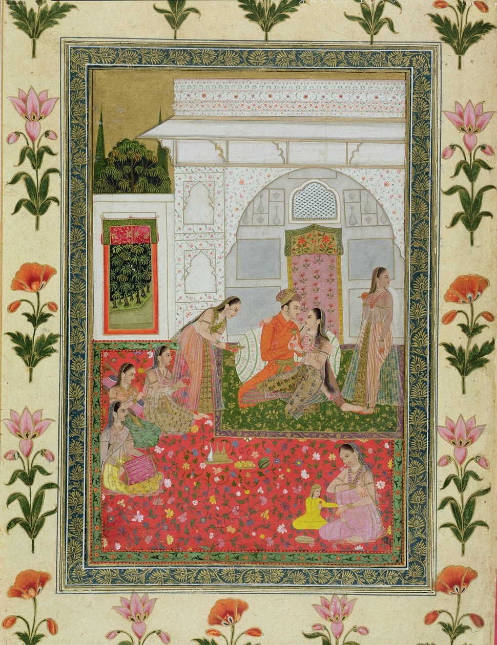 Koppel met vrouwelijke bedienden en muzikanten, uit het Kleine Clive Album door Mughal School