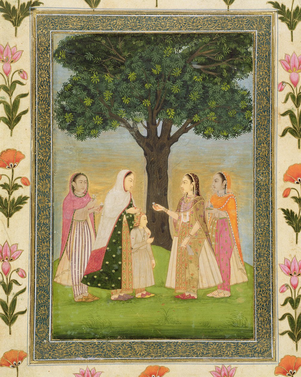 Vier dames ontmoeten elkaar bij een boom, uit het Small Clive Album door Mughal School