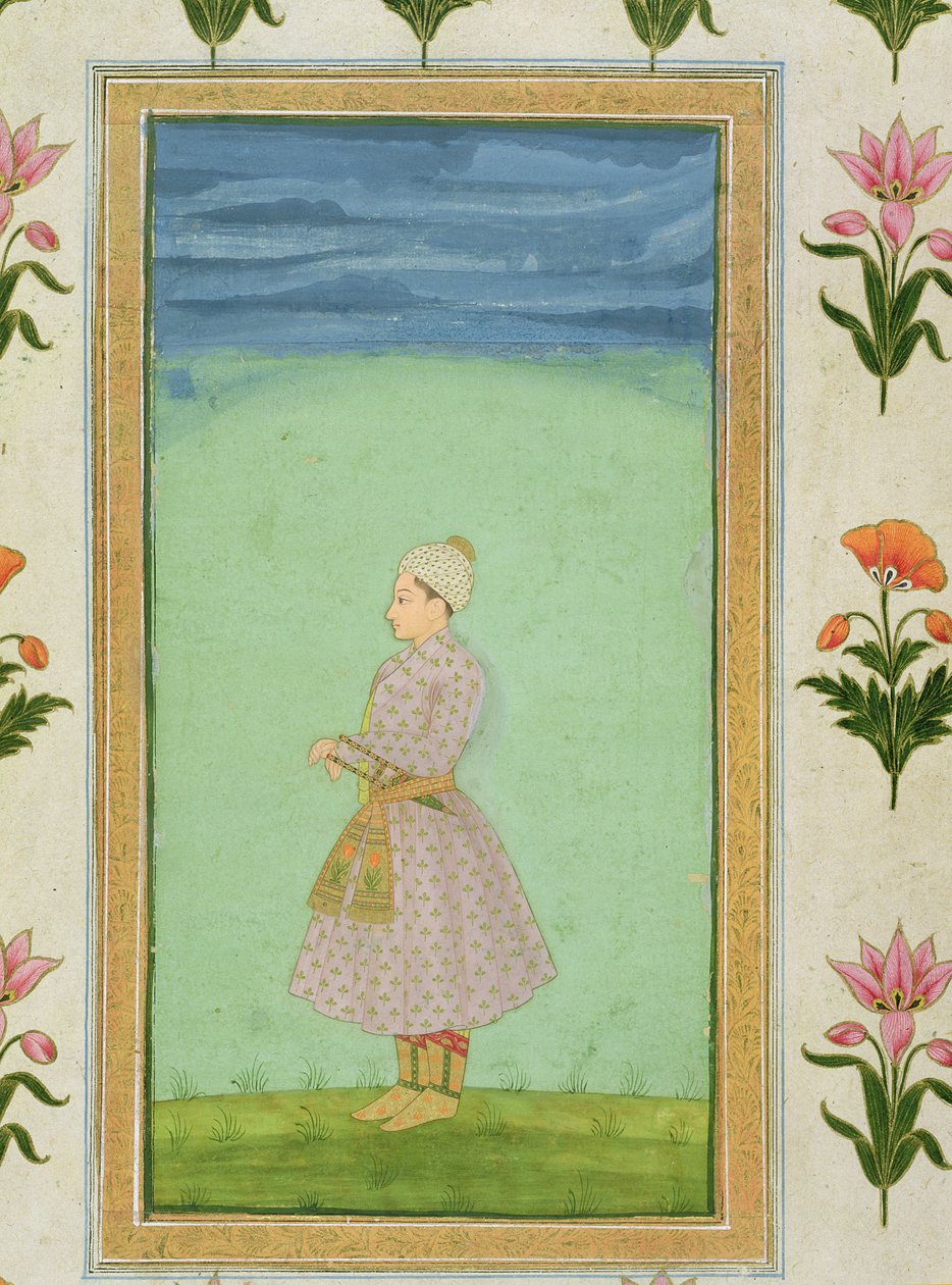 Staande figuur van een jongen met een met juwelen versierde dolk in zijn sjerp, uit het Small Clive Album door Mughal School