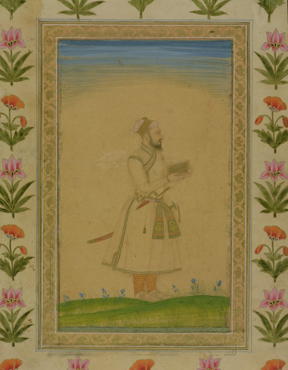 Staande figuur van een edelman, met een boek, uit het Small Clive Album door Mughal School