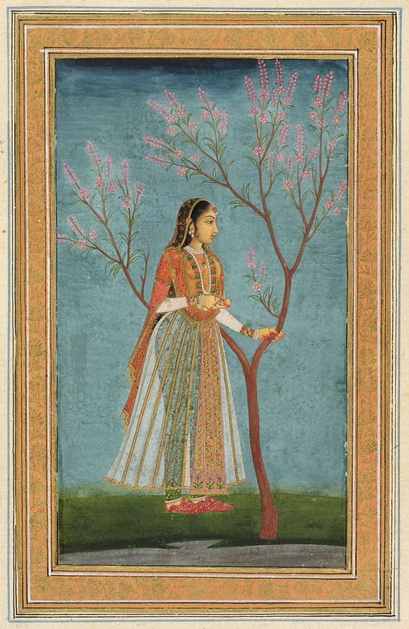 Dame staand bij een bloeiende boom, uit het Kleine Clive Album door Mughal School