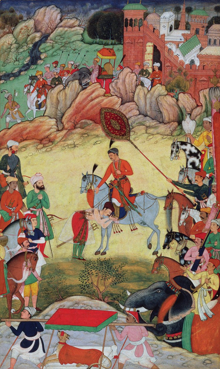 Adham Khan brengt eerbetoon aan Akbar in Sarangpur, Centraal-India, in 1560 of 1561, uit de Akbarnama, 1590-98 door Mughal School
