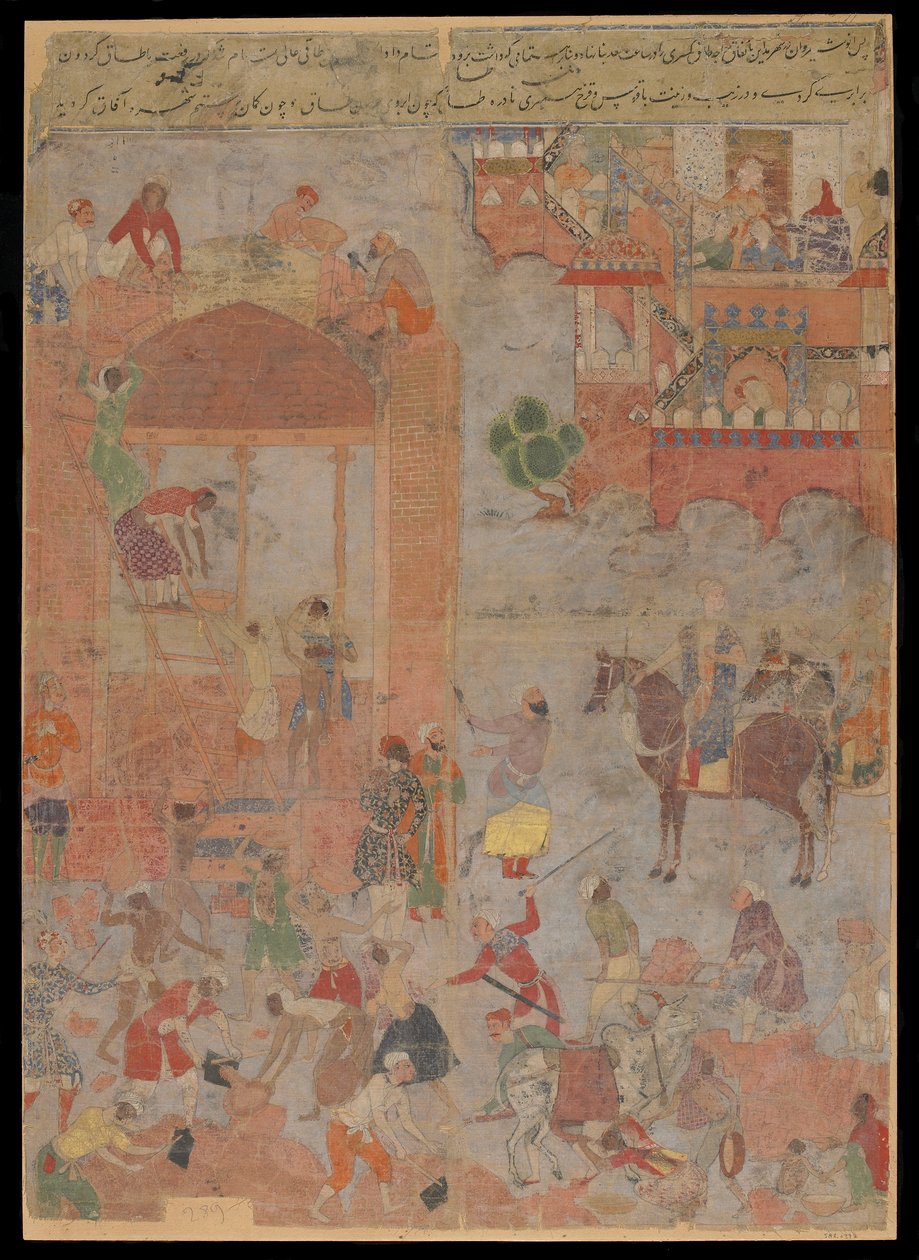 Anushirvan legt de basis van Ctesiphon op een gunstig uur, Manuscript folio, ca. 1560-1565 door Mughal School