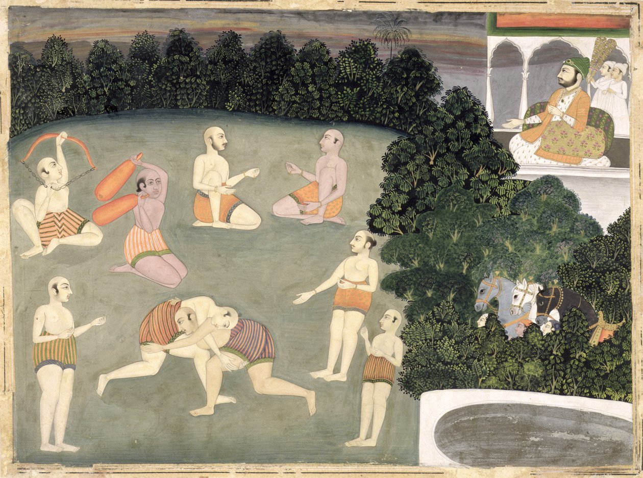 Atleten treden op voor een zittende edelman, c.1760 door Mughal School