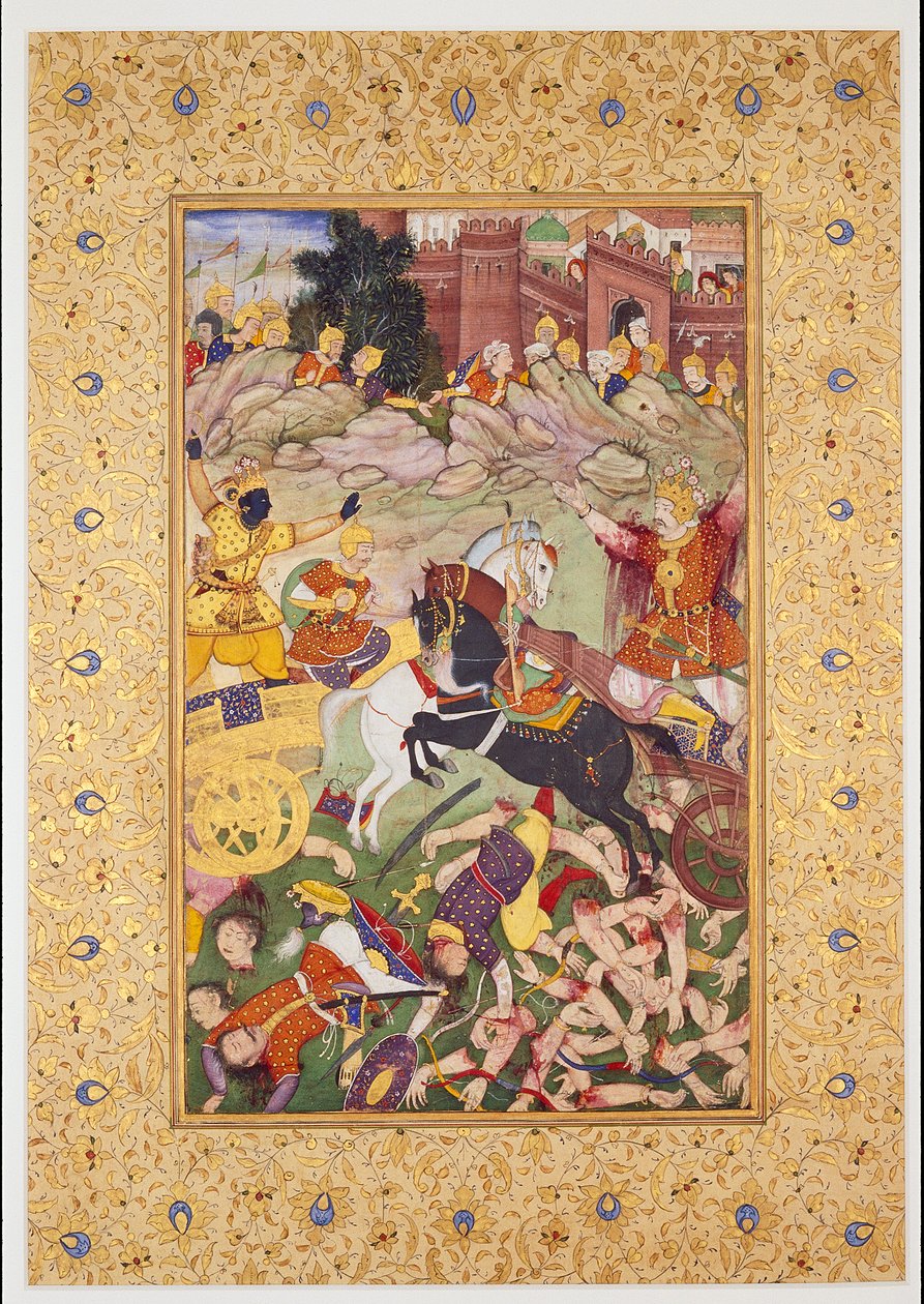Gevechtsscène: De Pandavas onder leiding van Krishna
versus de Kaurava
