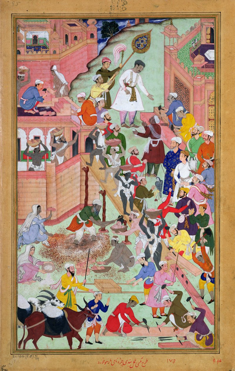 Keizer Akbar (r.1556-1605) inspecteert de bouwwerkzaamheden in Fatepur Sikri, stad voltooid in 1584, uit de Akbarnama, 1590-98 door Mughal School