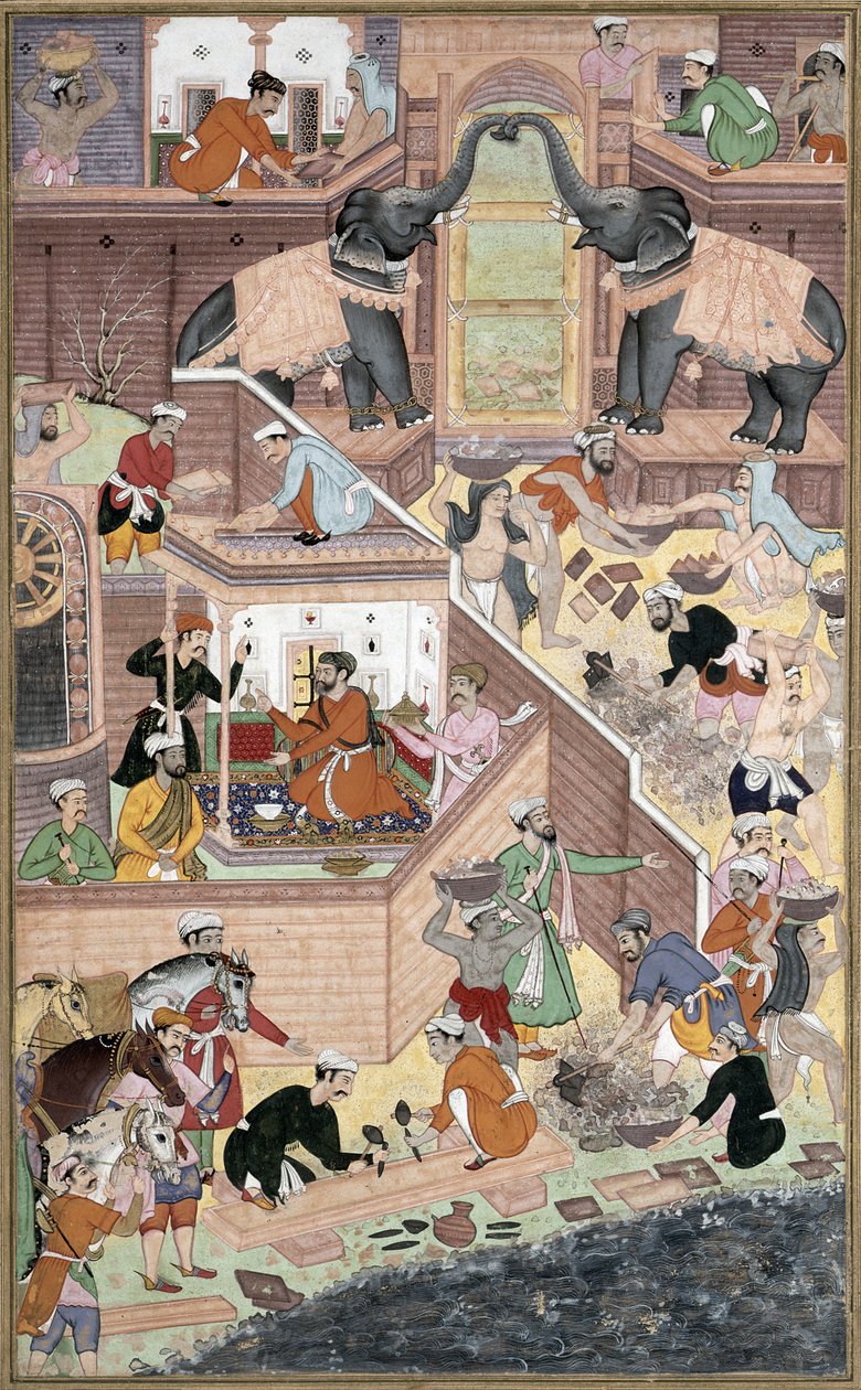 Keizer Akbar (r.1556-1605) inspecteert de bouwwerkzaamheden in Fatepur Sikri, uit de Akbarnama gemaakt door Abul Fazi, 1590-98 door Mughal School