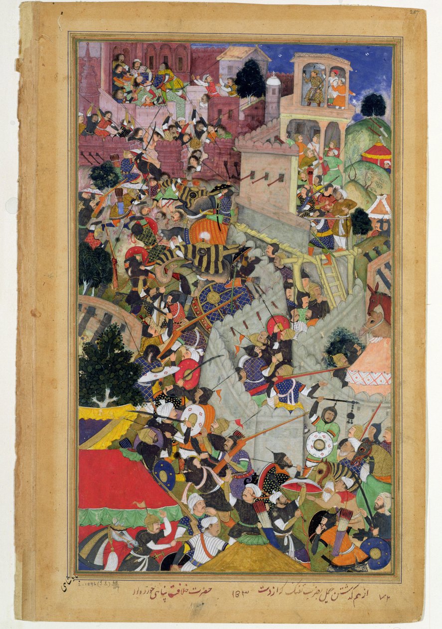 Keizer Akbar (r.1556-1605) schiet Saimal bij het Beleg van Chitov in 1567, uit de Akbarnama gemaakt door Abul Fazi, 1590-98 door Mughal School