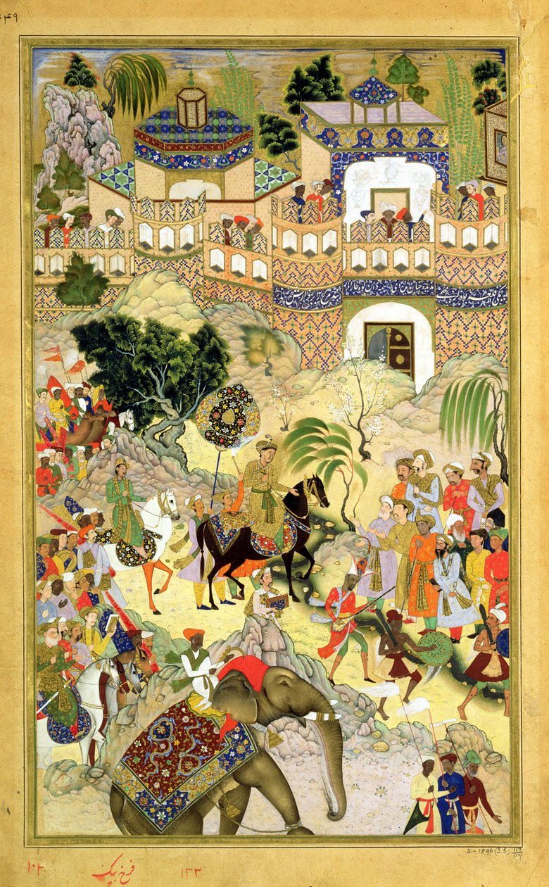 Keizer Akbars triomfantelijke intocht in Surat, uit de Akbarnama gemaakt door Abul Fazi (1515-1602) 1590-98 door Mughal School