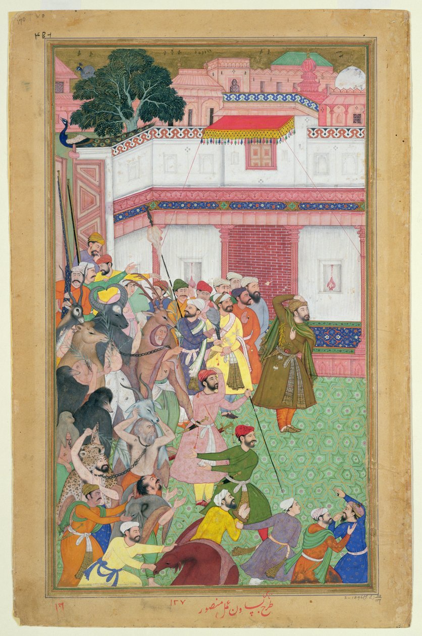 Fatepur Sikiri, 1573: Hasain Quli Khan-l Jahan presenteert zijn gevangenen aan keizer Akbar (r.1556-1605), uit de Akbarnama gemaakt door Abul Fazi, 1590-98 door Mughal School