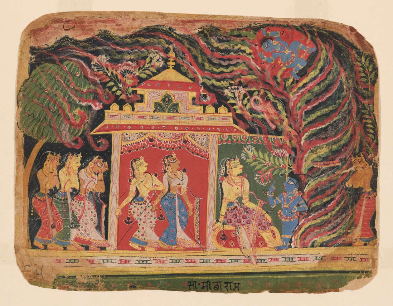 Krishna verslaat Trinavarta, de demonische wervelwind, uit een Bhagavata Purana (Boek van de Heer), Pre-Mughal school (Schilderij) door Mughal School