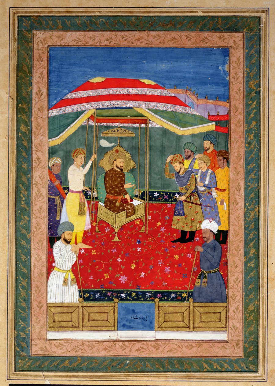 De Mughal-keizer Babur (1526-30) zittend op een troon ontvangt een prins, Johnson Album I, nr. 3 genummerd 65 door Mughal School