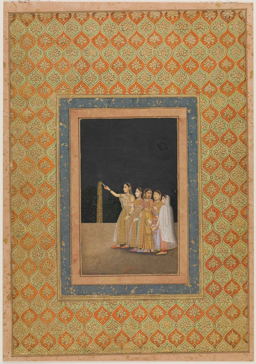 Hofdames spelen met vuurwerk, ca. 1740 door Muhammad Afzal