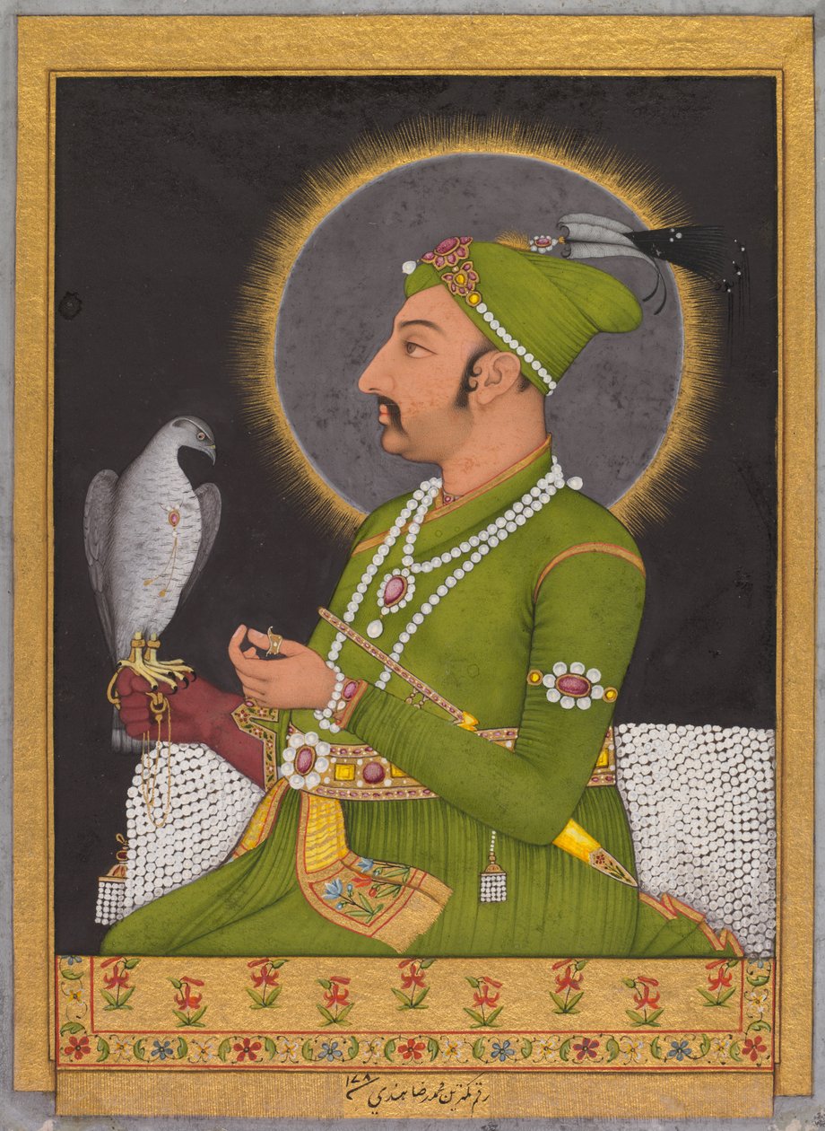 Postuum portret van de Mughal keizer Muhammad Shah (geregeerd 1719-1748) met een valk (recto) door Muhammad Rizavi Hindi