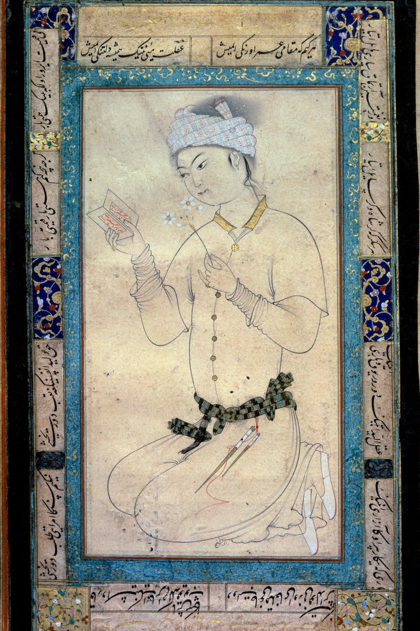 Een jonge man met boeken en narcissen Perzische miniatuur bij gouache van Muhammad Shaykh door Muhammad Shaykh