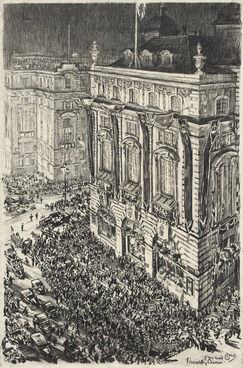 Piccadilly Circus, vooravond van de kroning van George VI door Muirhead Bone