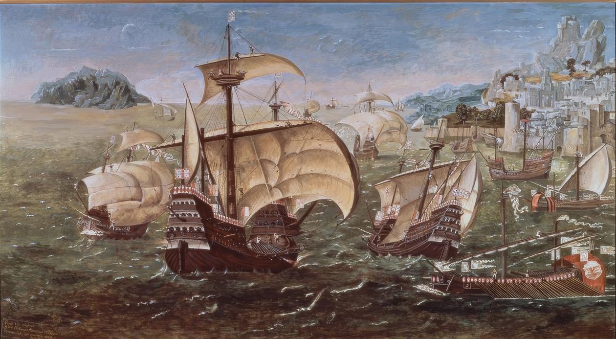 Portugese schepen aan een rotsachtige kust – 16e eeuw – kopie van het origineel uit het Greenwich Museum door Munday John