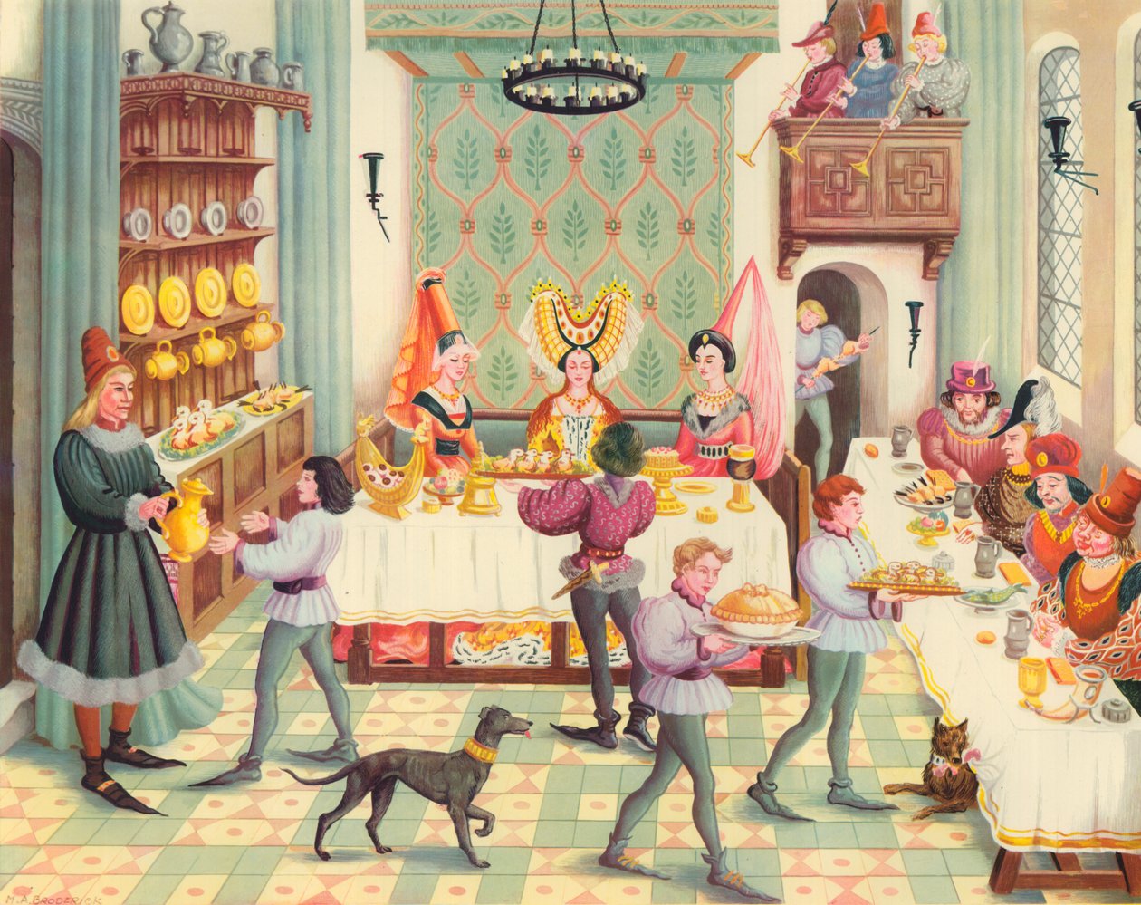 Dames diner (kleurenlitho) door Muriel Broderick