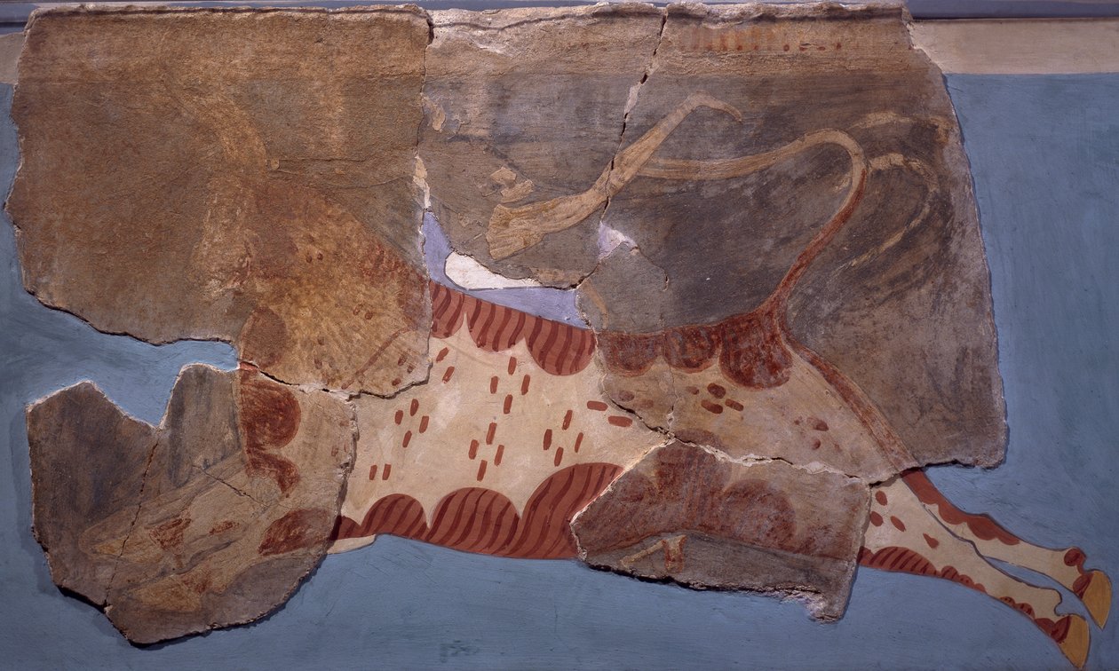 Stierengevecht scène, fresco uit Tirinto Paleis, Myceense beschaving door Mycenaean