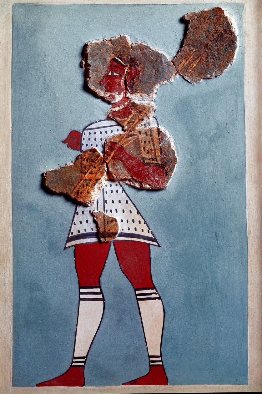 Myceense kunst: krijger. Fragment van fresco uit het paleis van Tiryns en reconstructie door Mycenaean