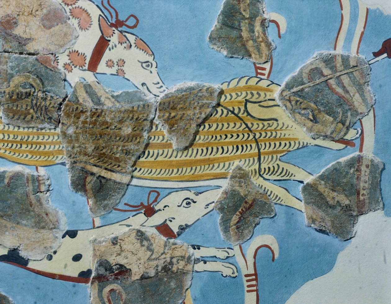Fresco uit Tirinto-paleis (Griekenland). Detail: groep honden die een wild zwijn aanvallen. Myceense beschaving door Mycenean