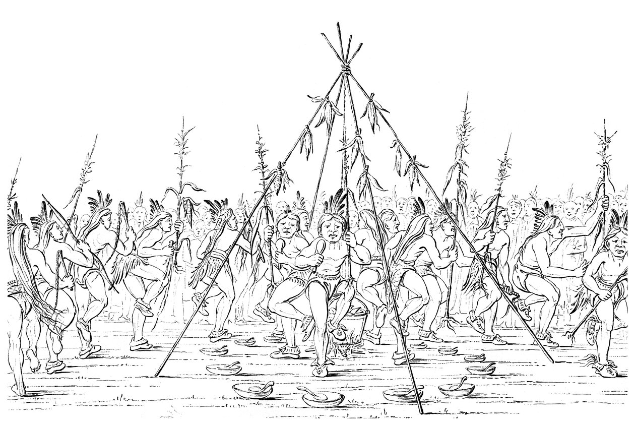 Medicijnmannen dansen rond een kookpot en danken de Grote Geest, 1841 door Myers and Co