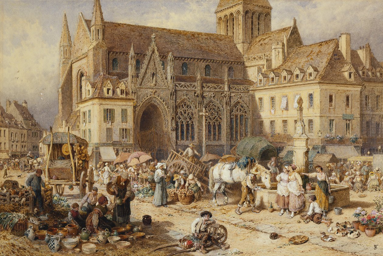Bij Gervaise, Falaise: marktdag door Myles Birket Foster