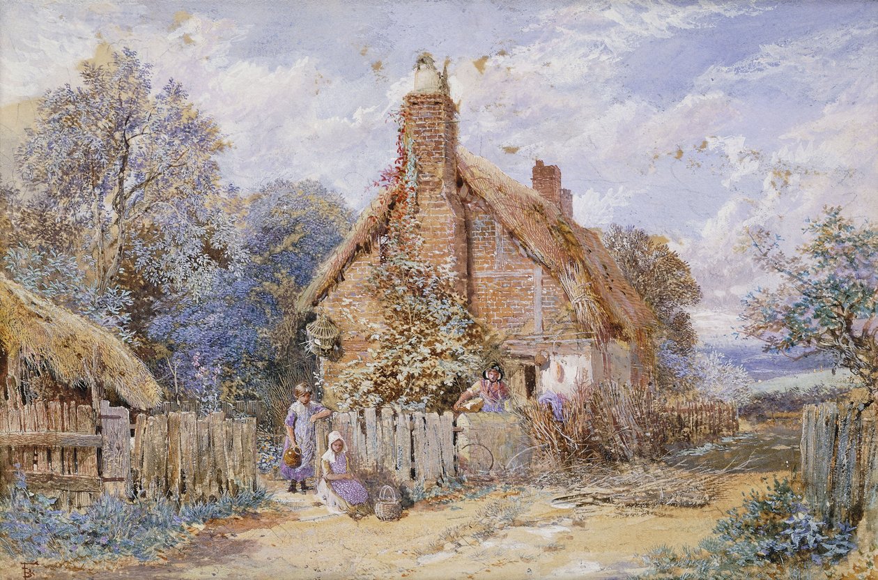 Kinderen bij een Huisje met Rieten Dak in Chiddingfold door Myles Birket Foster