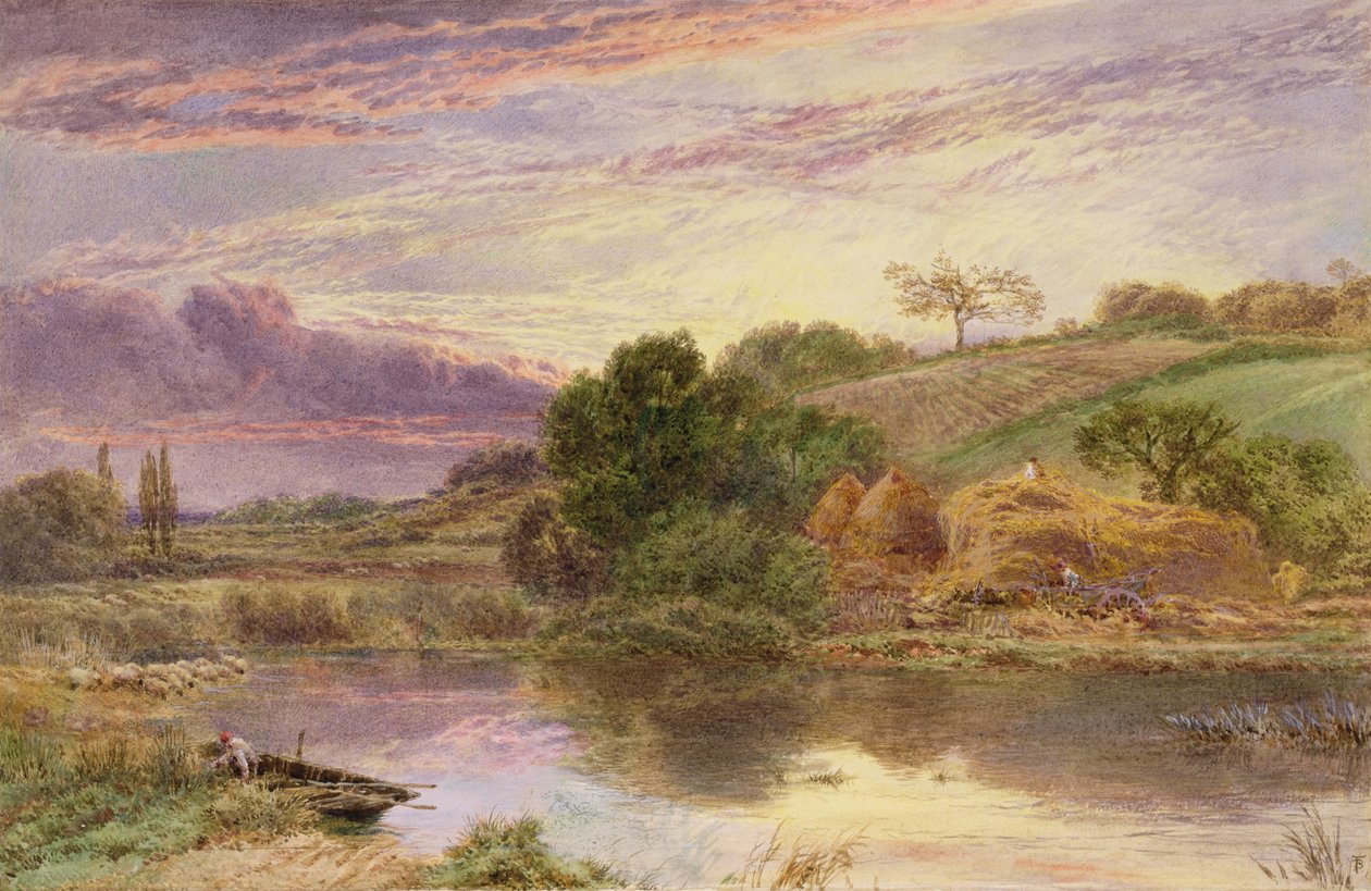 Hooibouwers naast een rivier bij avond door Myles Birket Foster