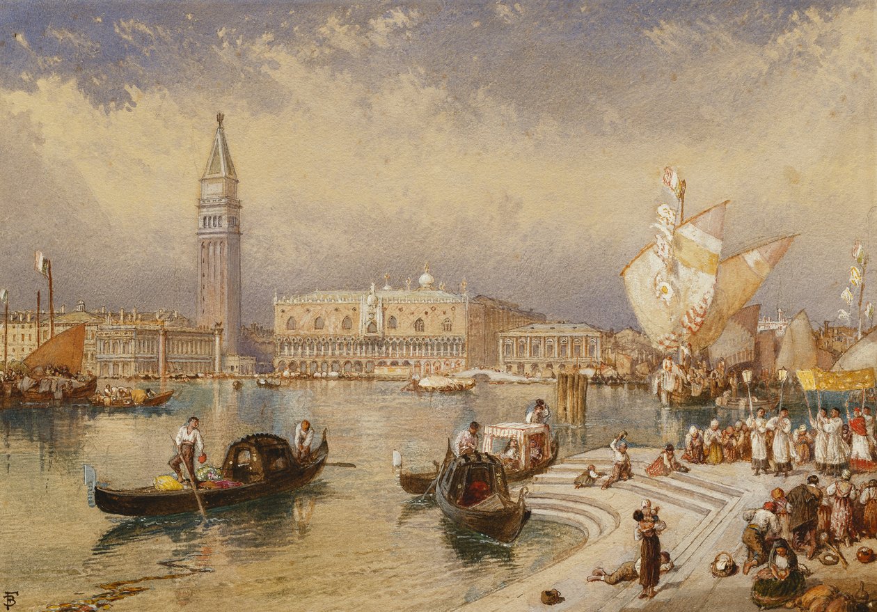 Het Dogepaleis, Venetië, vanaf de trappen van San Giorgio Maggiore door Myles Birket Foster