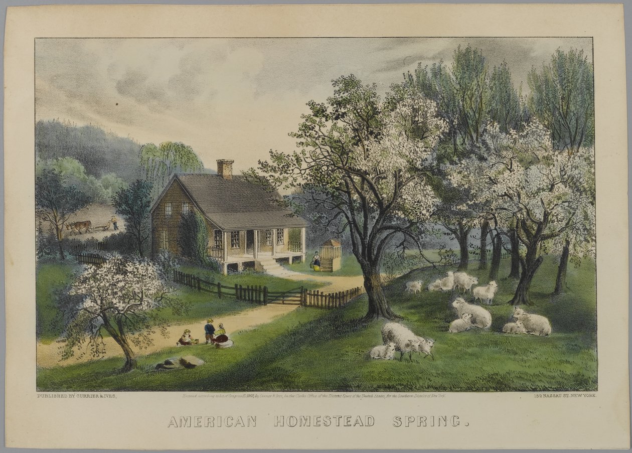 Amerikaans landhuis lente, 1868-69 door N. and Ives, J.M. Currier