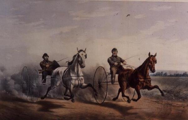 Hero en Flora Temple zwaaien op de thuisstrek, in hun grote wedstrijd voor $2000 over de Centreville baan, 1855 door N. and Ives, J.M. Currier