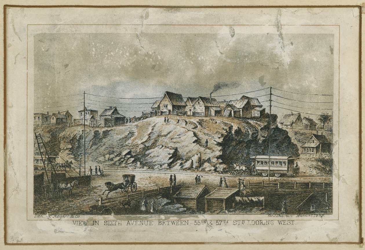 Uitzicht in Sixth Avenue, tussen 55th & 57th Streets, kijkend naar het westen, 1858 door N. and Ives, J.M. Currier