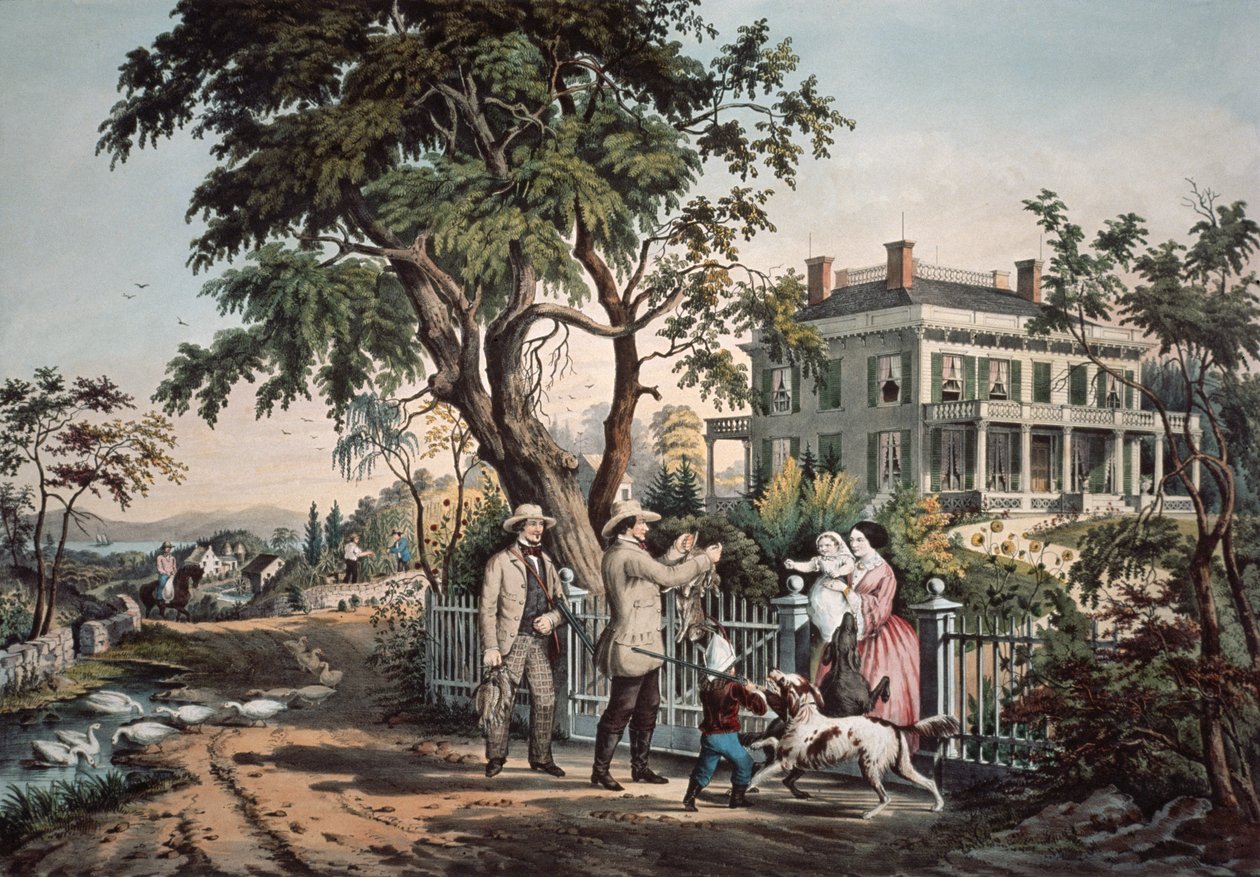 Amerikaans plattelandsleven - Oktober namiddag, 1855 door N. and Ives, J.M. Currier