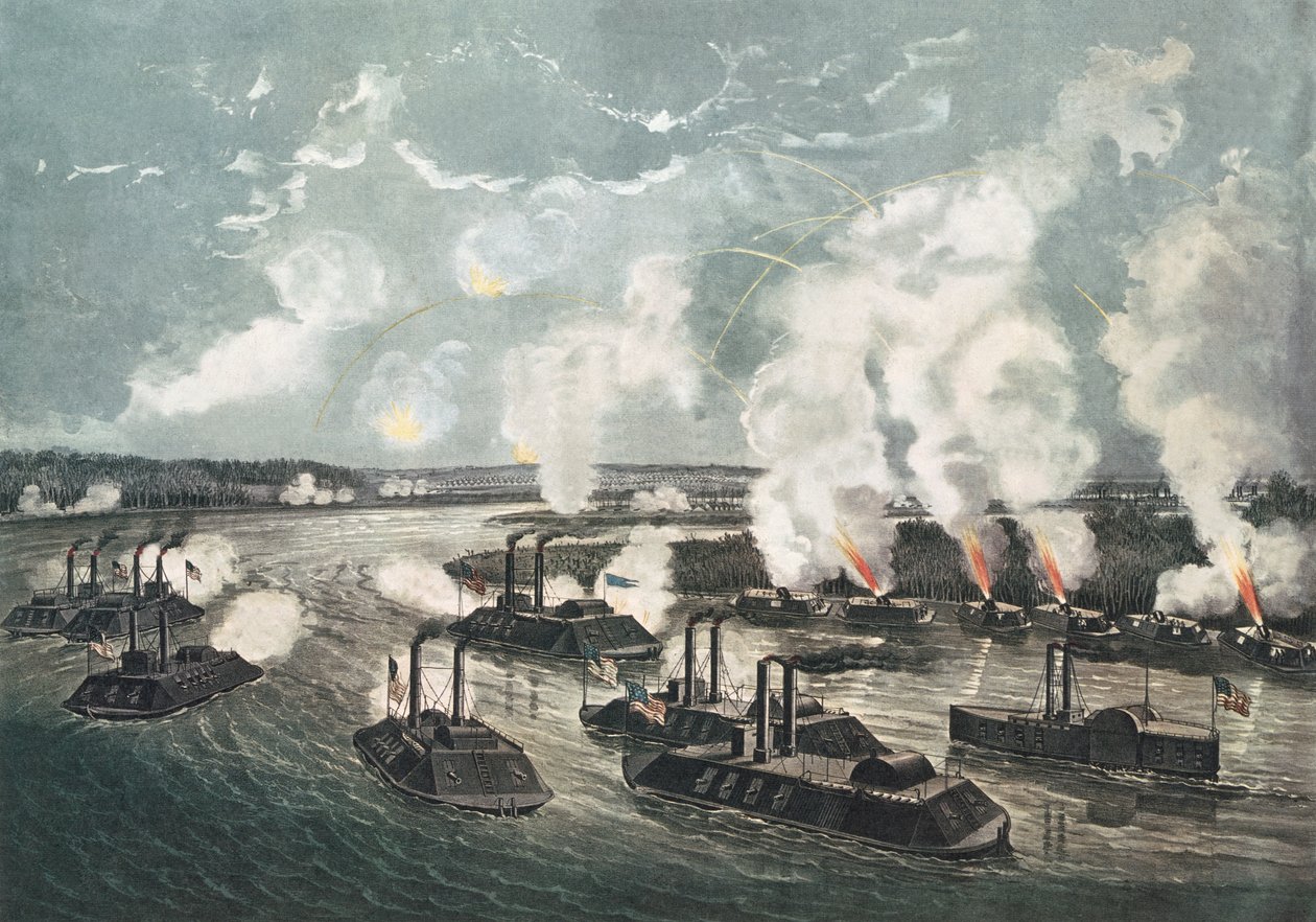 Bombardement en Inname van Eiland Nr.10 op de Mississippi-rivier, 7 april 1862 door N. and Ives, J.M. Currier