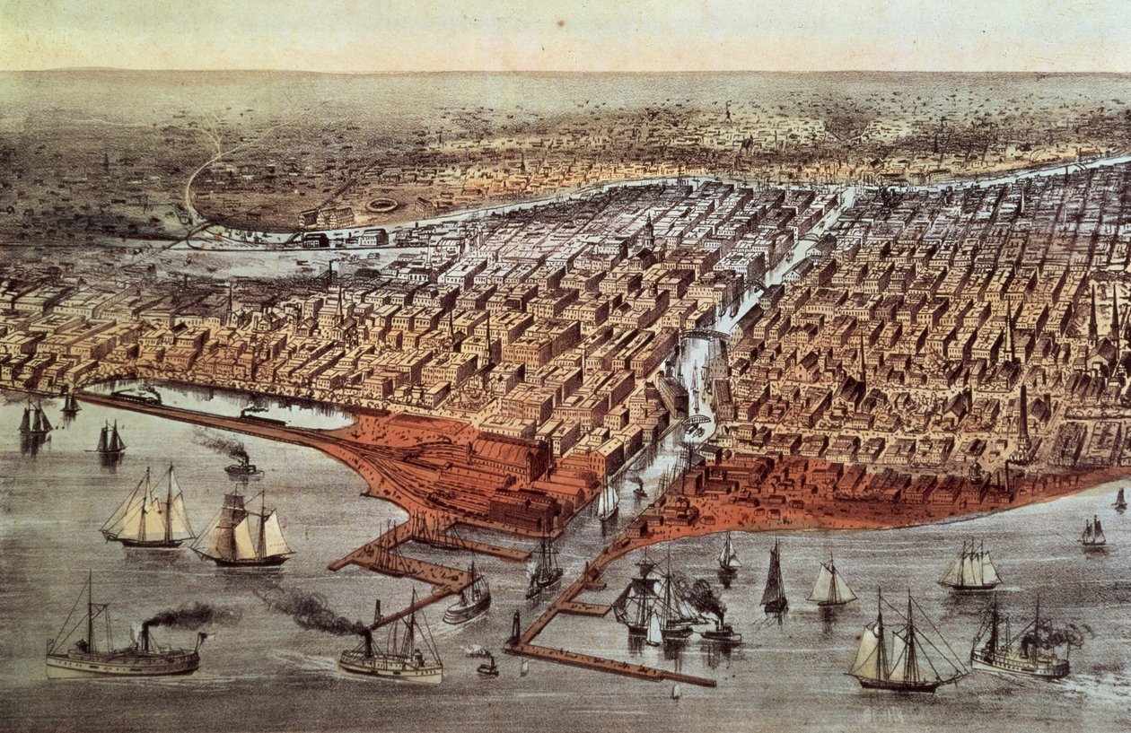 Chicago Zoals het Was, ca.1880 door N. and Ives, J.M. Currier